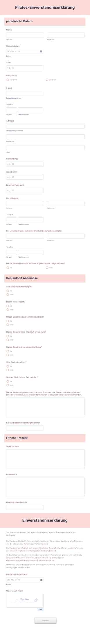 Pilates Einverständniserklärung