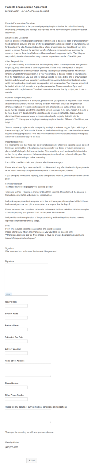 Placenta Encapsulation Agreement Form Template