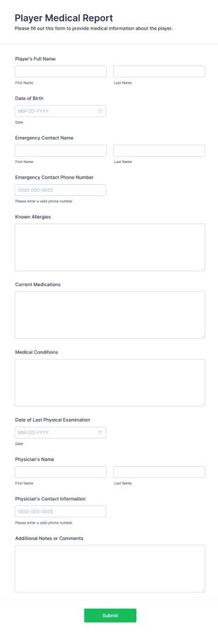 Player Medical Report Form Template