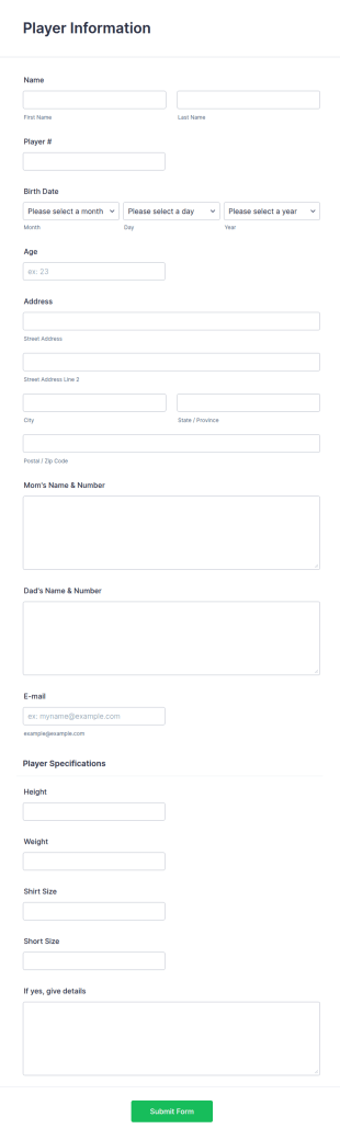 Player Profile Form Template