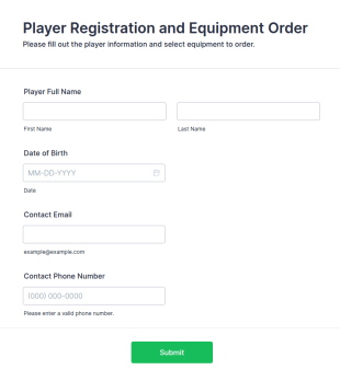 Player Registration And Equipment Order Form Template
