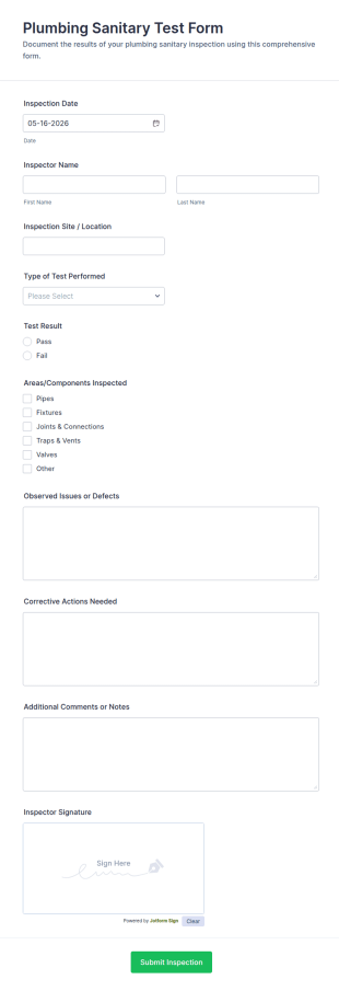 Plumbing Sanitary Test Form Template