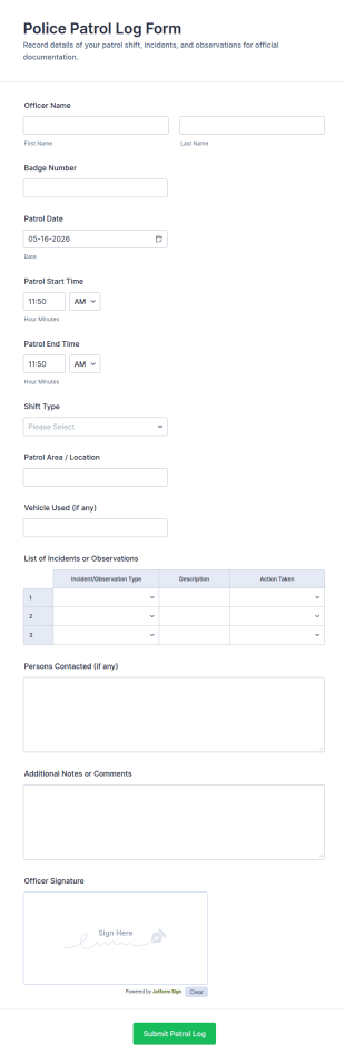 Police Patrol Log Form Template
