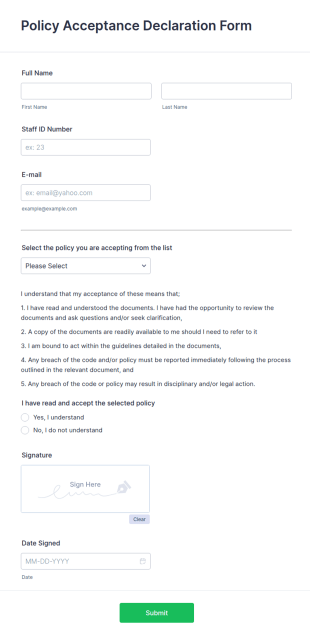 Policy Acceptance Declaration Form Template