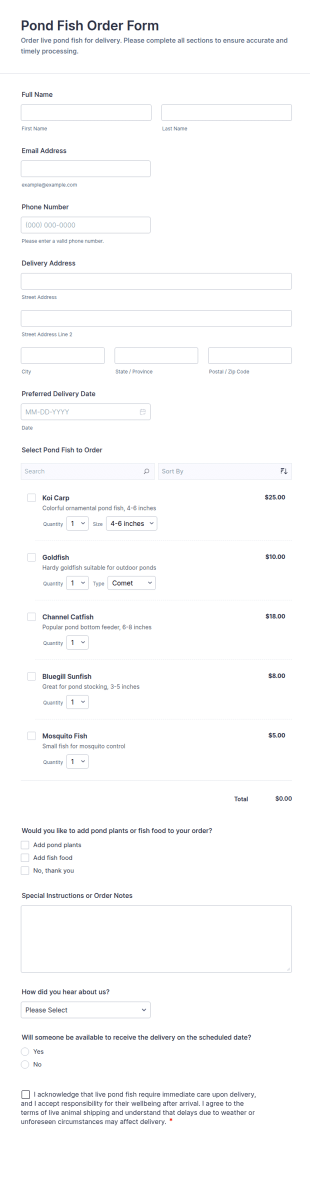 Pond Fish Order Form Template