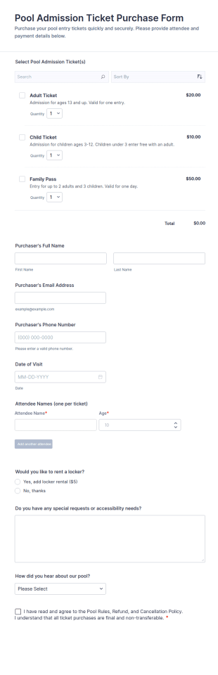 Pool Admission Ticket Purchase Form Template
