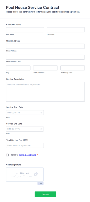 Pool House Service Contract Form Template