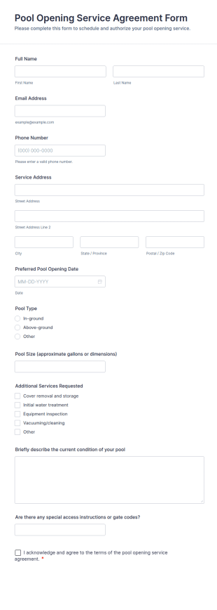 Pool Opening Service Agreement Form Template