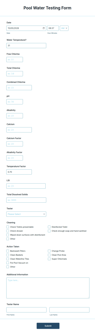 Pool Water Testing Form Template