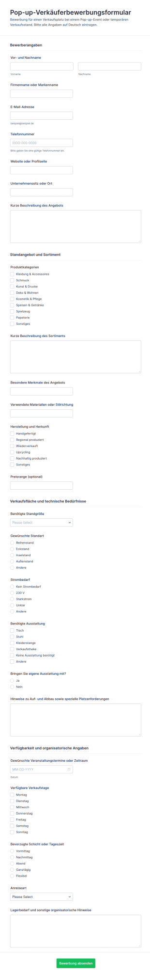 Pop Up Verkäuferbewerbung Formular