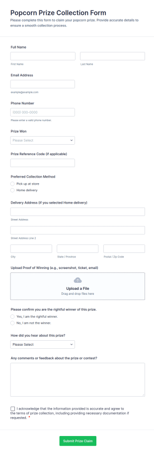 Popcorn Prize Collection Form Template