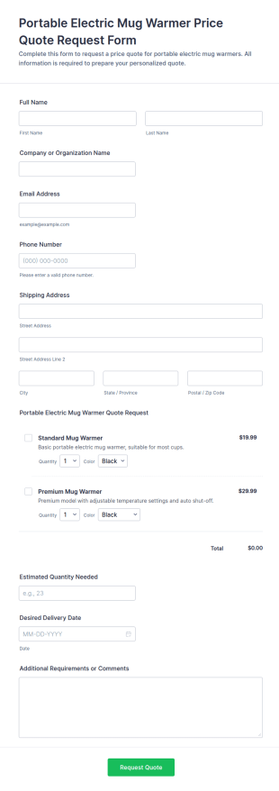 Portable Electric Mug Warmer Price Quote Request Form Template