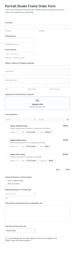Portrait Studio Frame Order Form Template