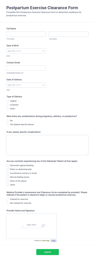 Postpartum Exercise Clearance Form Template