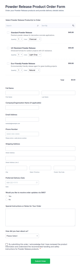Powder Release Product Order Form Template