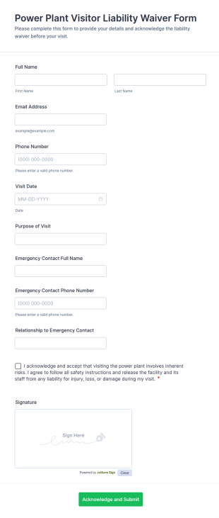 Power Plant Visitor Liability Waiver Form Template