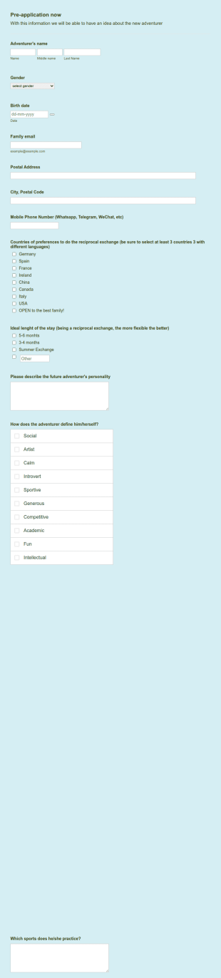 Adventure Application Form Template