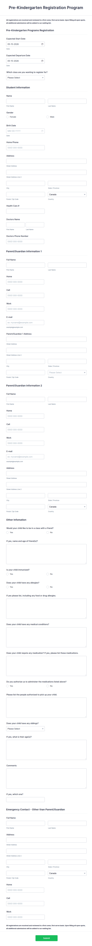 Pre Kindergarten Registration Program Form Template