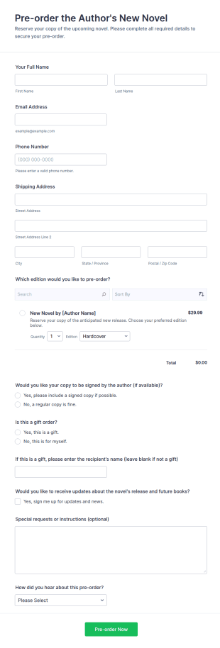 New Novel Pre Order Form Template