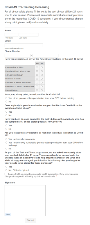 Pre Training Covid 19 Screening Form Template