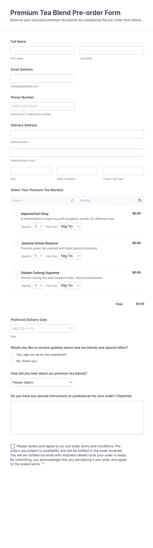 Premium Tea Blend Pre Order Form Template