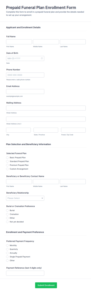Prepaid Funeral Plan Enrollment Form Template