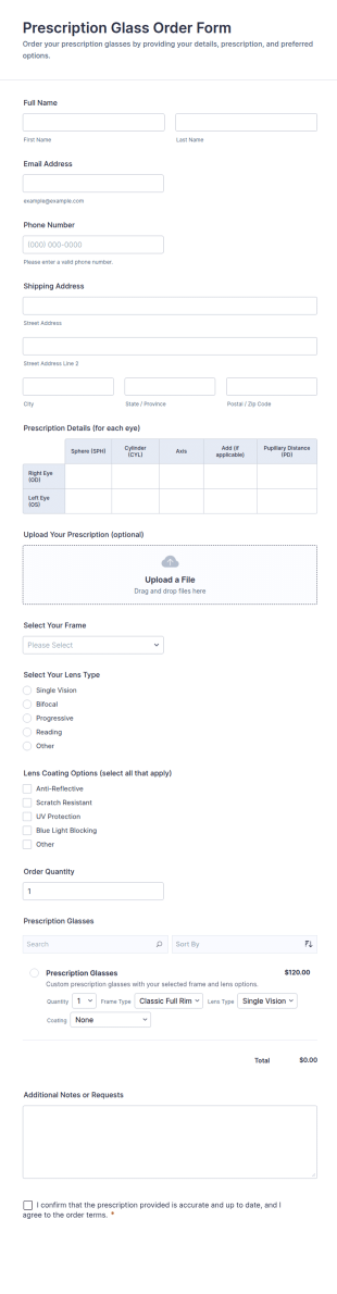 Prescription Glass Order Form Template