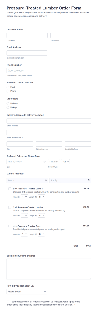 Pressure Treated Lumber Order Form Template