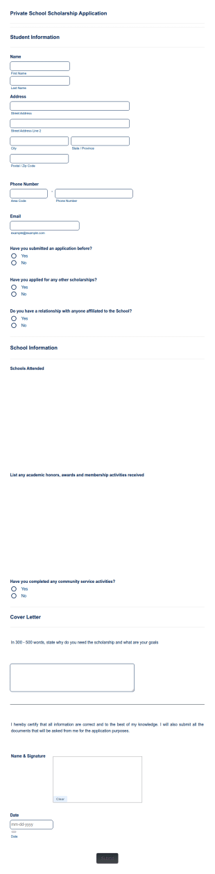 Private School Scholarship Application Form Template