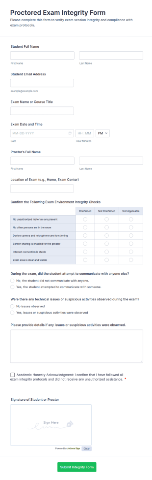 Proctored Exam Integrity Form Template