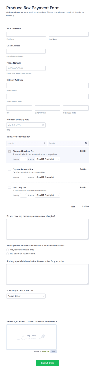 Produce Box Payment Form Template