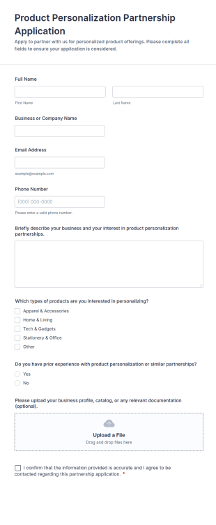 Product Personalization Partnership Application Form Template