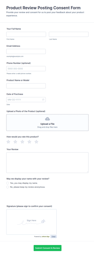 Product Review Posting Consent Form Template
