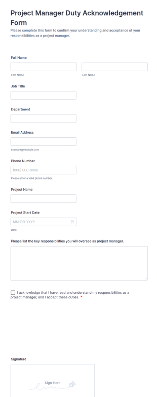Project Manager Duty Acknowledgement Form Template