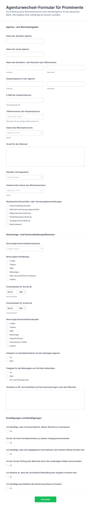 Prominent K&uuml;nstler Agentur &Uuml;bertragungsformular