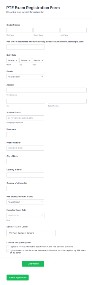 PTE Exam Registration Form Template