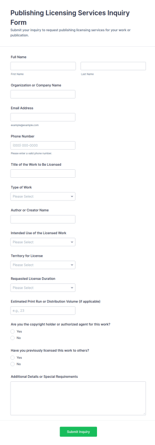 Publishing Licensing Services Inquiry Form Template