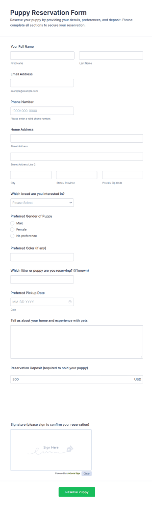 Puppy Reservation Form Template