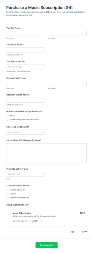 Purchase A Music Subscription Gift Form Template