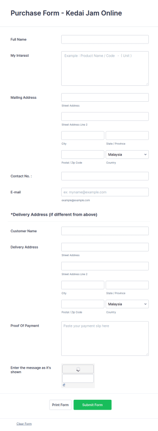 Online Product Purchase Form Template