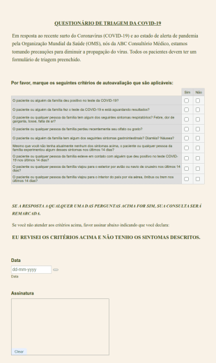 Questionário De Triagem Da COVID 19 Para Pacientes Em Consultórios Médicos