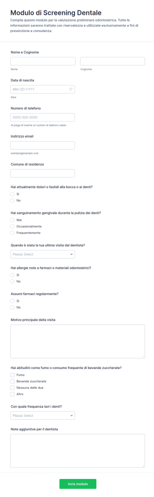 Questionario Di Screening Dentale