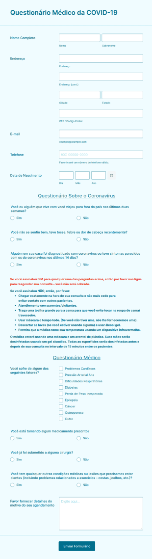 Questionário Médico Da COVID 19 Para Pré Agendamento