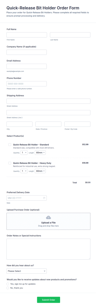 Quick Release Bit Holder Order Form Template