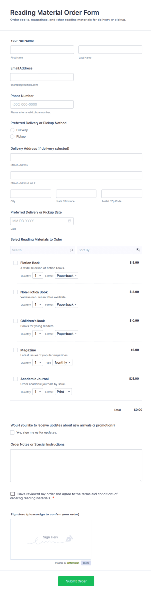 Reading Material Order Form Template