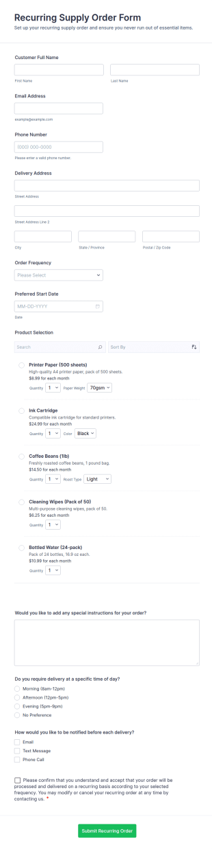 Recurring Supply Order Form Template