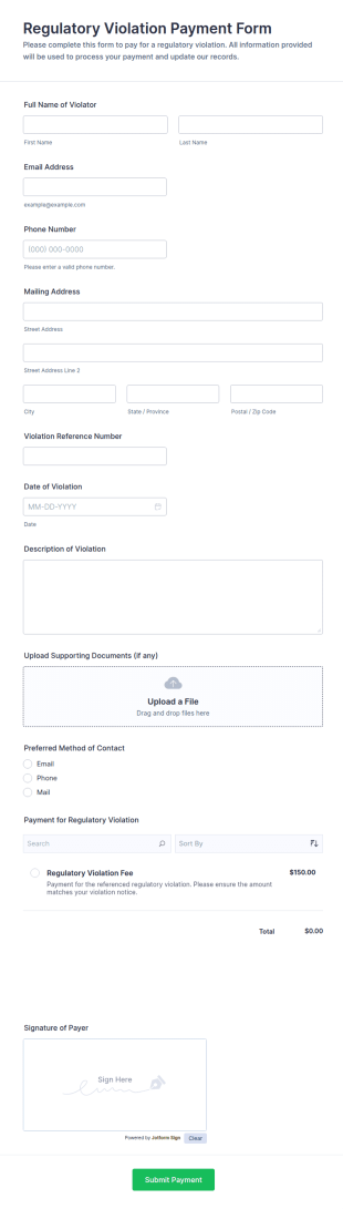 Regulatory Violation Payment Form Template