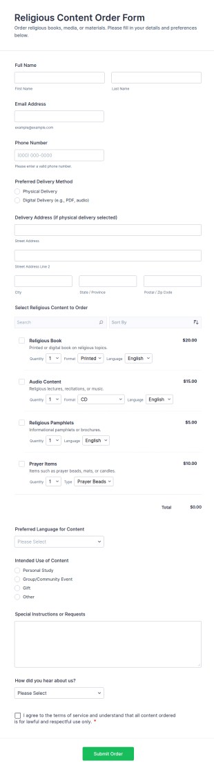 Religious Content Order Form Template