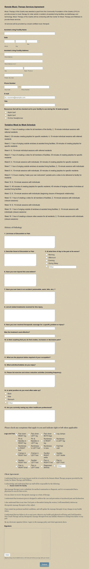CMTW Remote Music Therapy Services Agreement Form Template