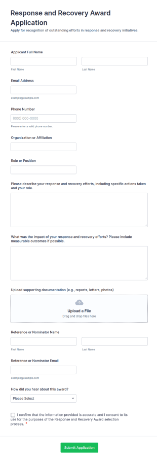 Response And Recovery Award Application Form Template